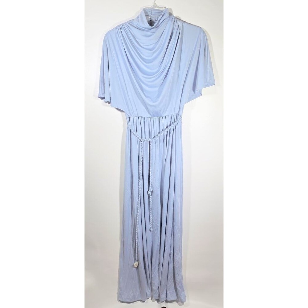 Vintage 70s Powder Blue Cowl Neck Draped Maxi Dress Flutter Sleeve Grecian S/M